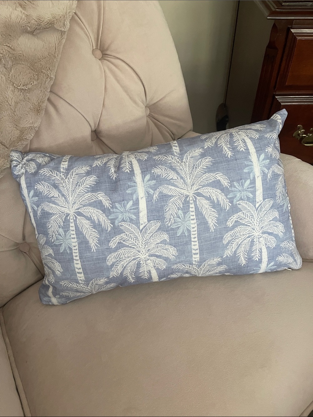Blue Palm-Print Decorative Lumbar Pillow Cover